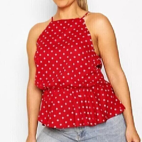 Boohoo Plus Tops - NEW NWT BOOHOO Plus Size Polka Dot Peplum Camisole Red Sleeveless Tank Top FLAWS